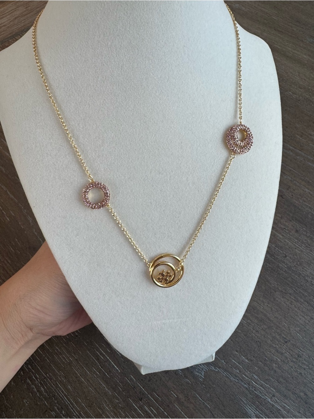 Tory Burch Gold and Pink Circle Pendant Necklace - Women Jewelry 18” adjustable